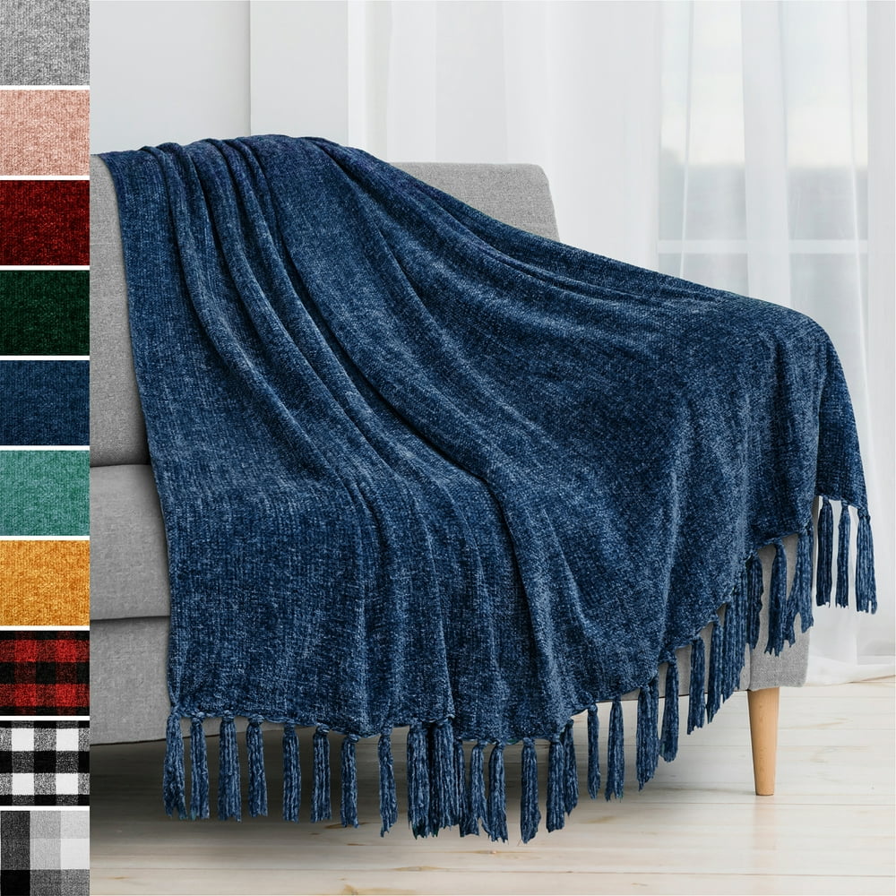 PAVILIA Chenille Tassel Fringe Throw Blanket Velvety Texture