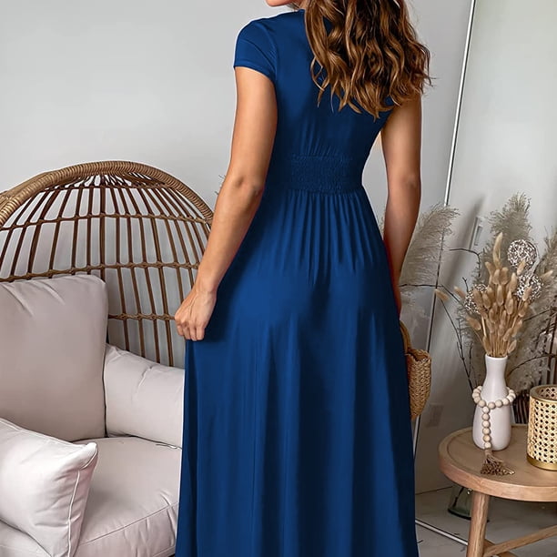 Vestidos de Fiesta Elegantes de cintura alta con abertura vestido de noche con cuello en V profundo Vestidos de señora Ygjytge Azul T S para Mujer