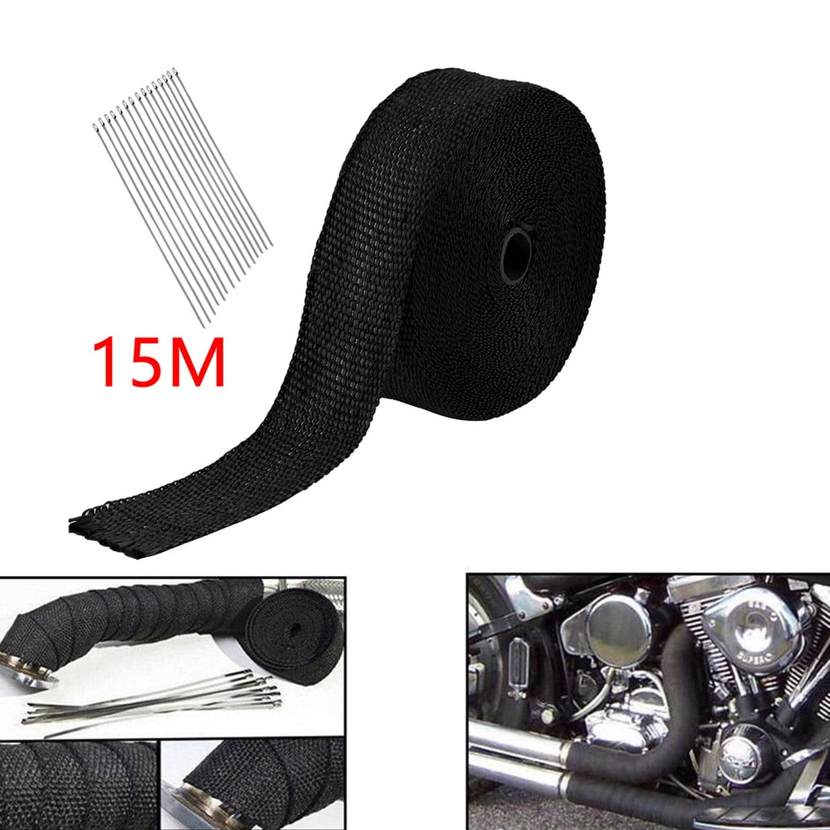 Exhaust Wrap Black 1 x 16 Roll for Motorcycle Fiberglass Heat Shield Tape with 4PC Stainless Ties black
