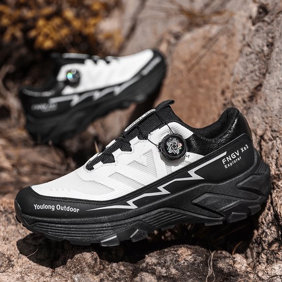 Men's White Black Rotating Buckle Hiking Shoes, Breathable Mesh Anti Slip Rugged Sole Outdoor Trekking Sneakers