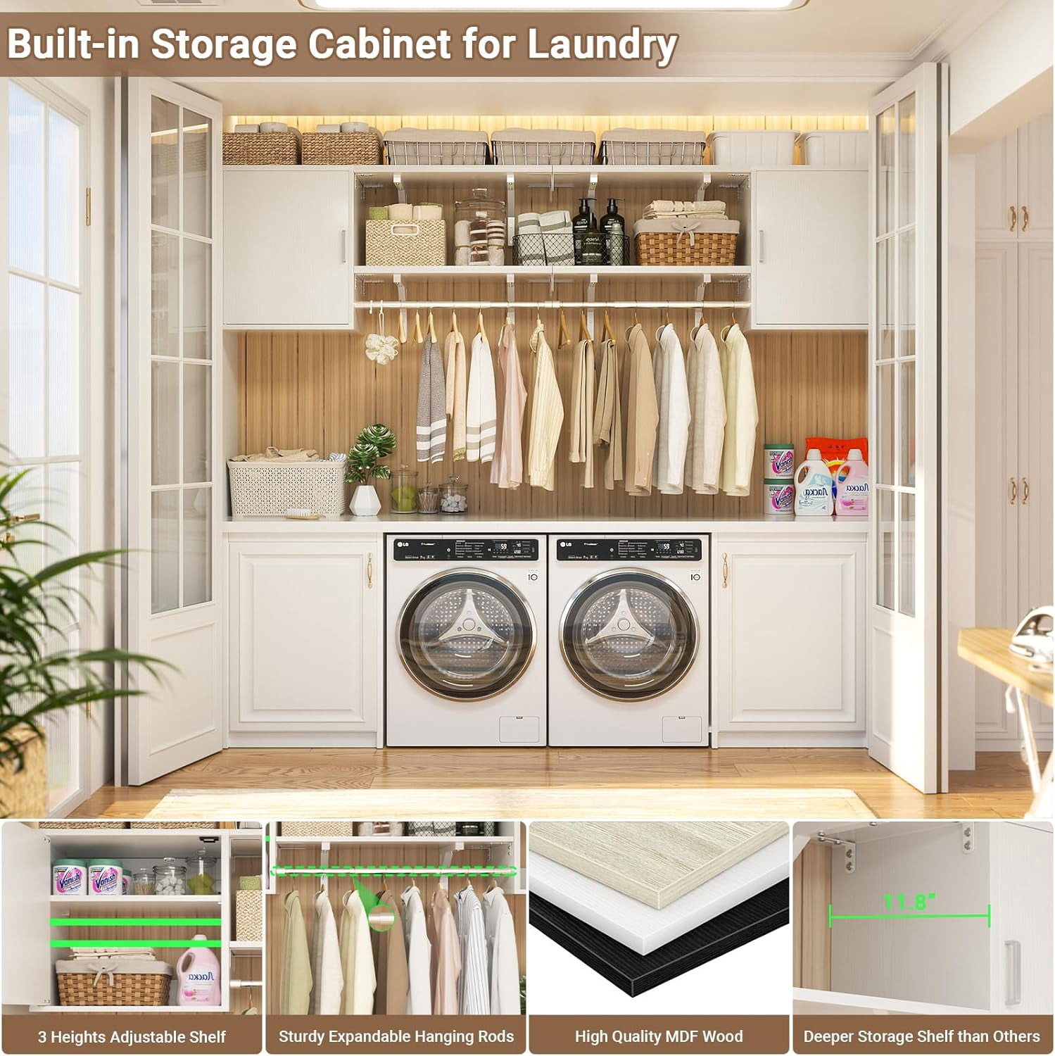 Homieasy Wall Cabinet with 2 Storage Shelf Towers, 46'' Wide Wall Organizer Cabinet with Door & Hanging Rod, Reversible, Small Wall Mounted Cabinet for Laundry, Bedroom, Closet, Garage, White