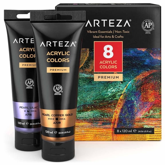 Arteza Acrylic Artist Paint Set, Metallic, 120ml Tubes, Vibrant Essentials, 8 Pack