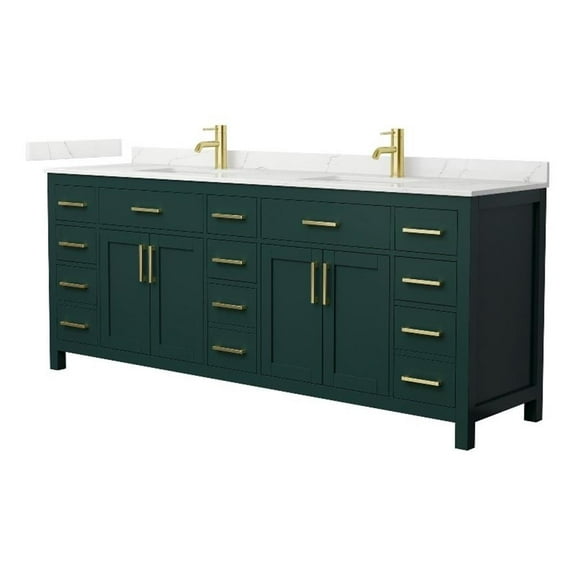 Beckett 84" Green Double Vanity & Giotto Quartz Top (1-Hole) & Gold Trim