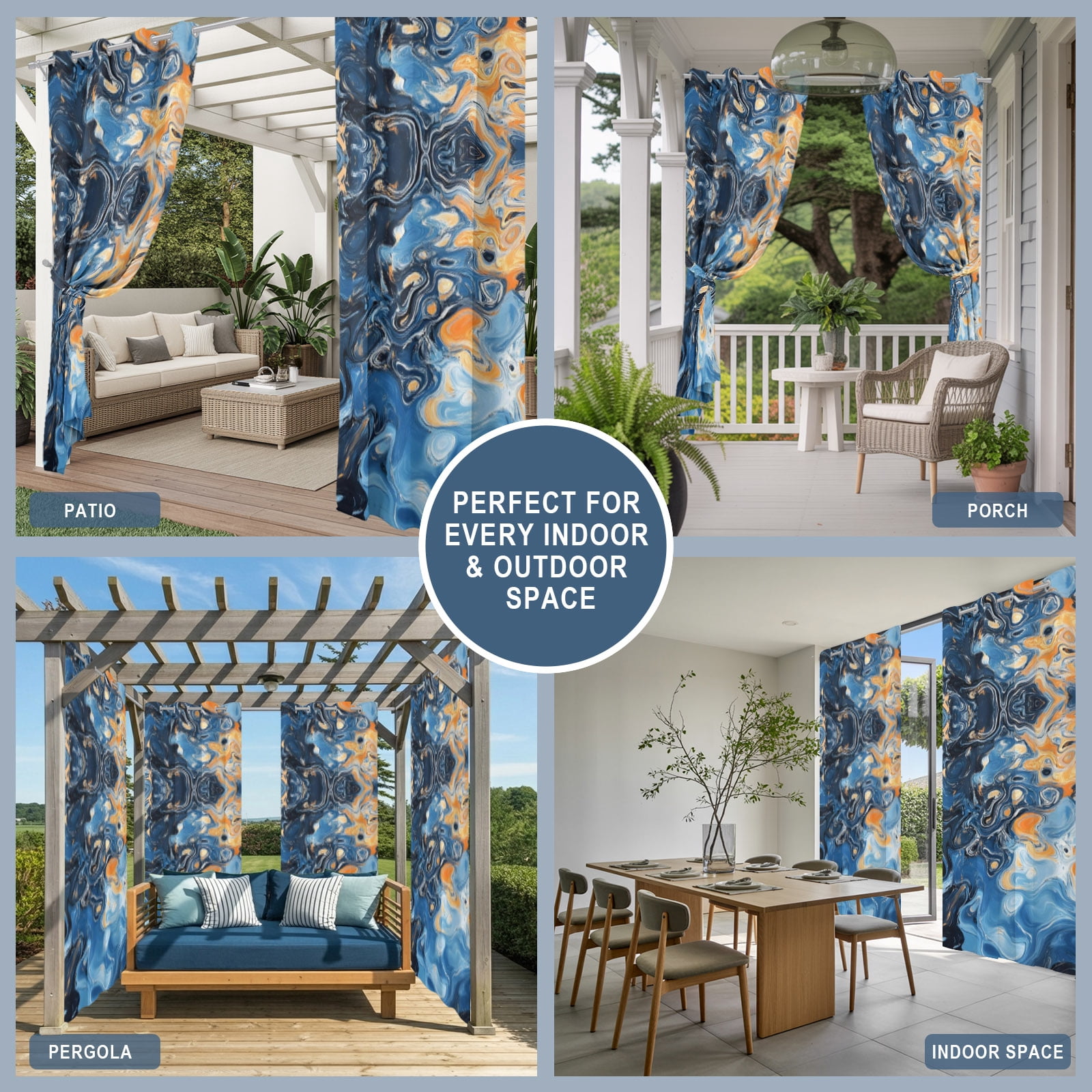 Abstract Fluid Art Outdoor Curtains for Patio, Marble Liquid Waves Coastal Bohemian Sunshade Privacy Drapes Grommet Waterproof Outside Curtains for Porch/Cabana/Balcony 54"x 108", 1 Panel