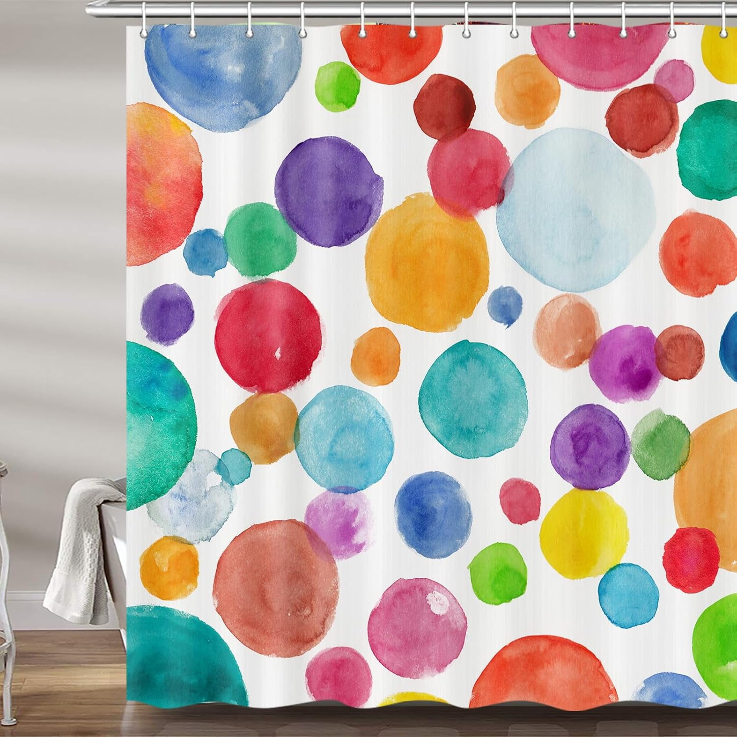 Colorful Polka Dot Shower Curtain for Kids Bathroom, Cute Rainbow Geometric Fabric Kid Shower Curtains Set, Bright White Girls Boys Childrens Restroom Decor Decorative with Hooks 72X 72 inch