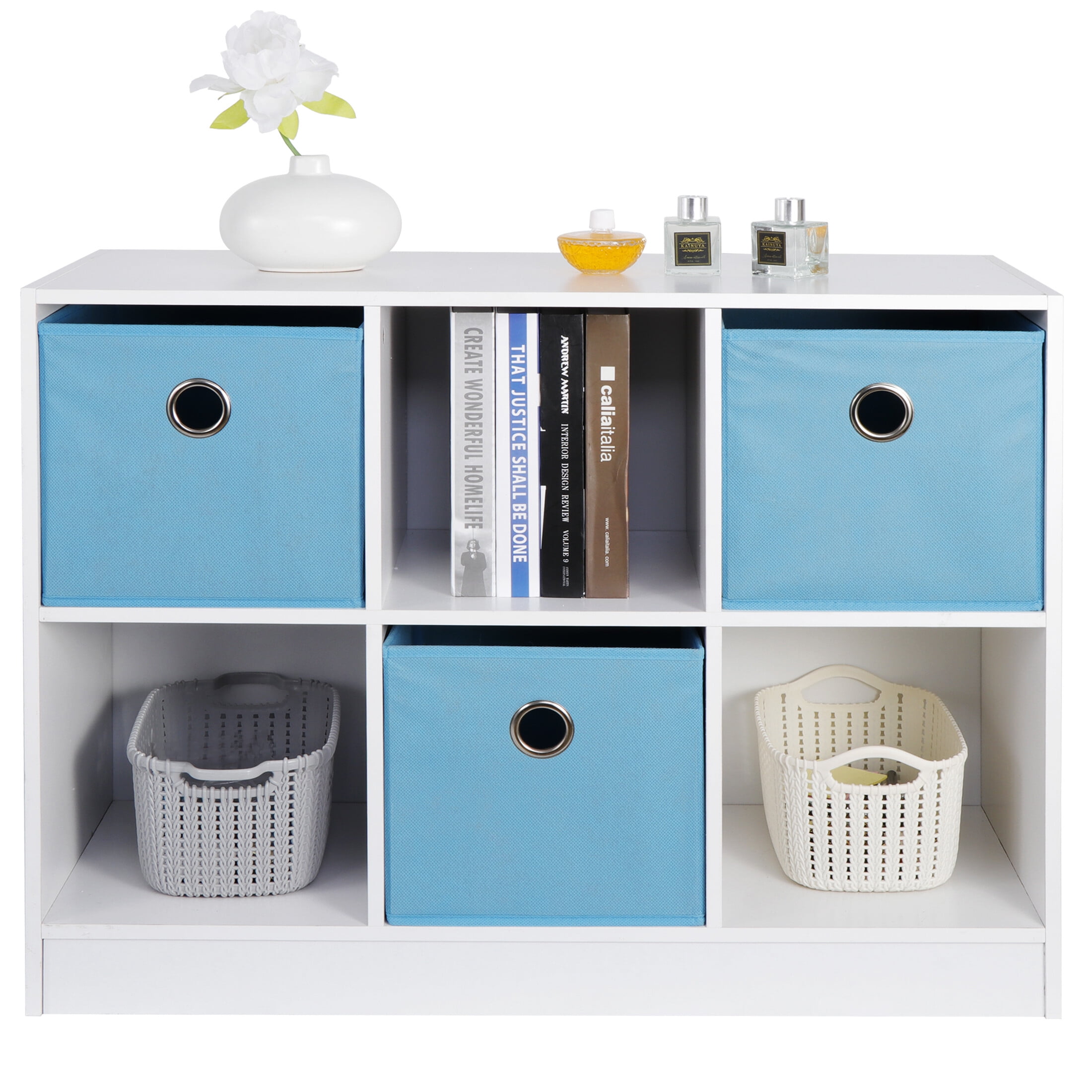 ZenSports 6 Cube Storage Organizer 2 Shelves Bookcase MDF Cabinet W/3 Fabric Bins, White