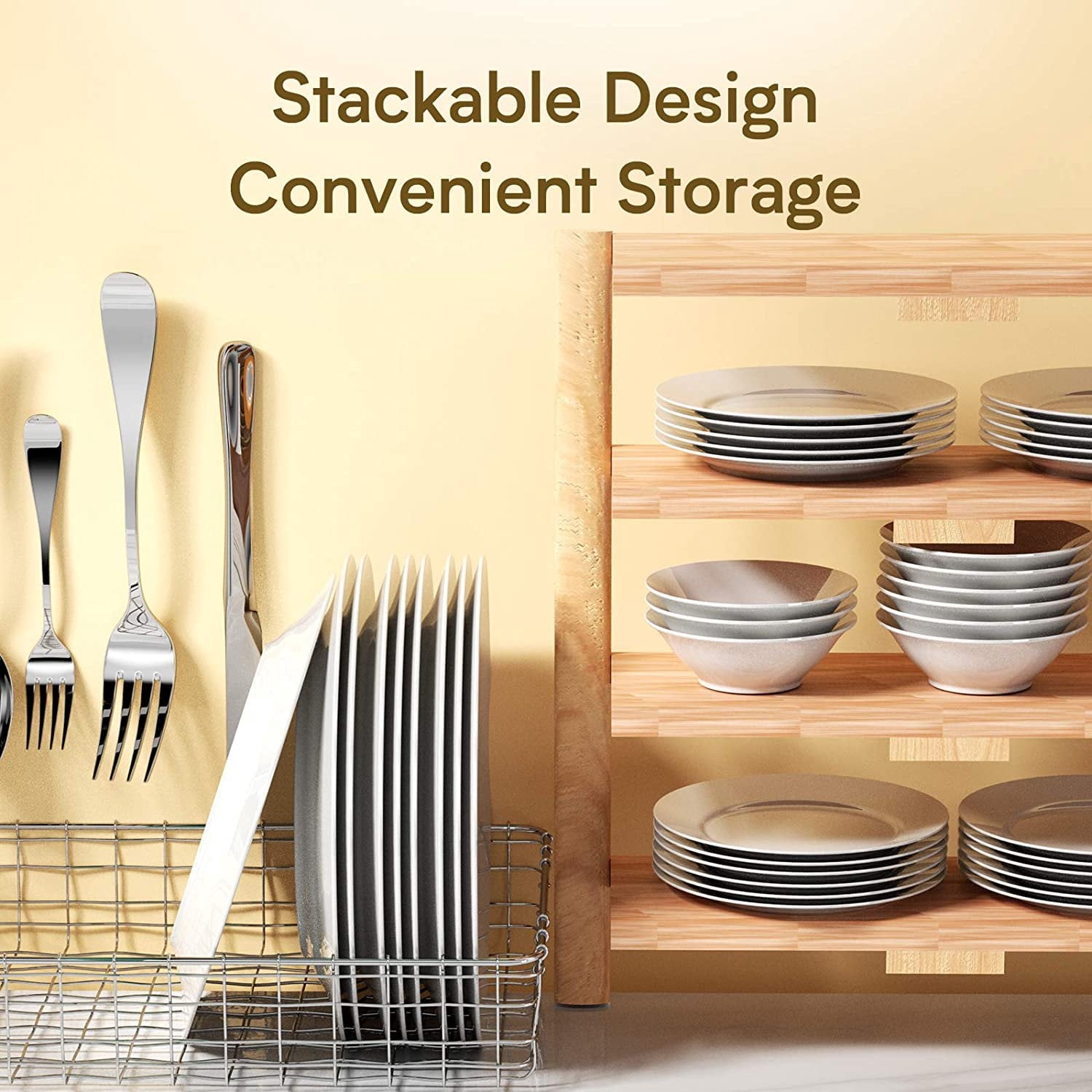 HadinEEon Porcelain Dinnerware Set, 18-Piece Plates and Bowls Set & 20-Piece Silverware Set, Kitchen Dinner Set for 6, Silverware Set for 4, with Dinner Plate, Dessert Plate, Salad Bowl and Silverware