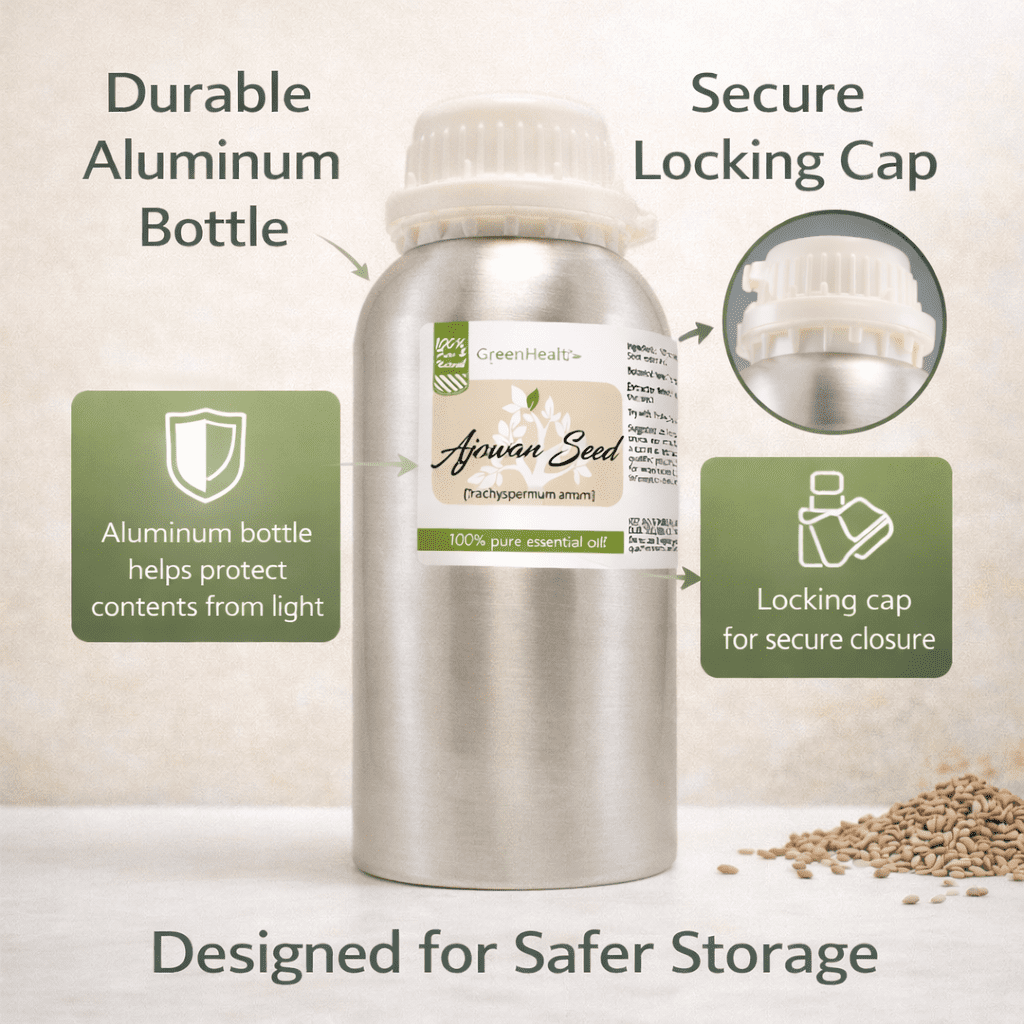 GreenHealth Ajowan Seed Essential Oil, 16 fl oz, 100% Pure Essential Oil, Aluminum Bottle with Locking Cap