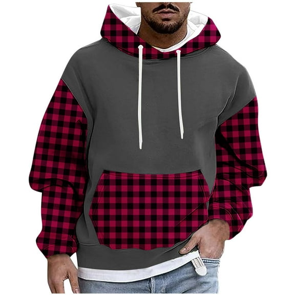 Lorytime Men's Hoodies Fleece Plaid Streetwear Sweatshirt Long Sleeve Drawstring Pullover with Pocket Tops Pink L