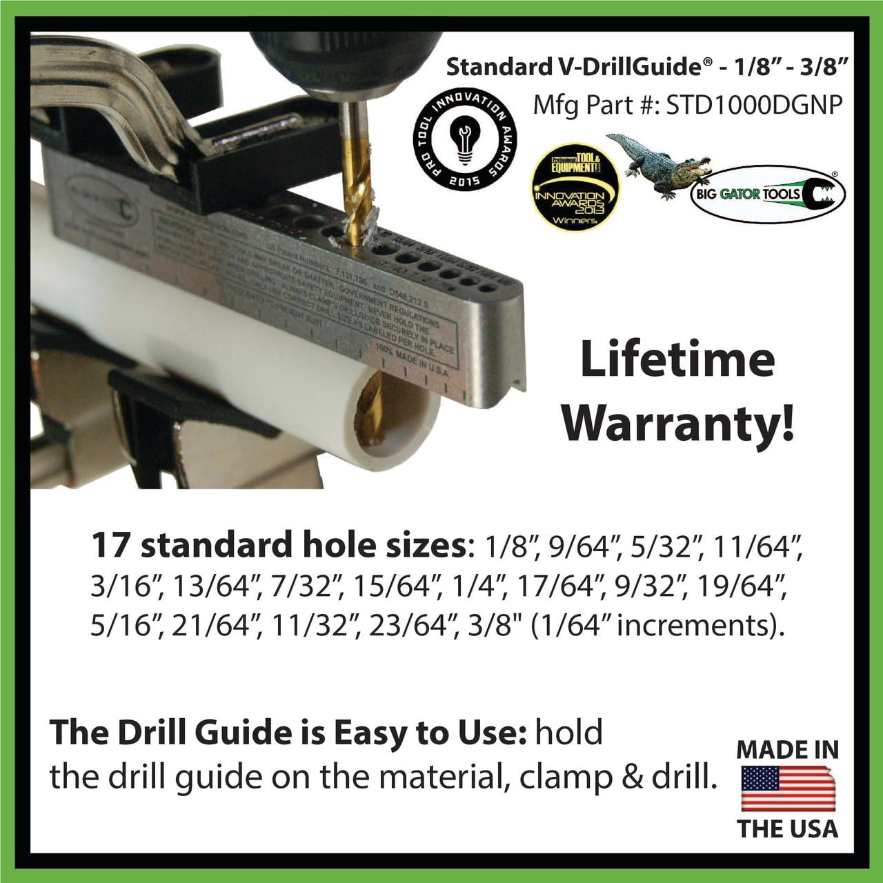 V-DrillGuide, Drill Bit Guide Tool, Standard Sizes 1/8" To 3/8", 17 holes,