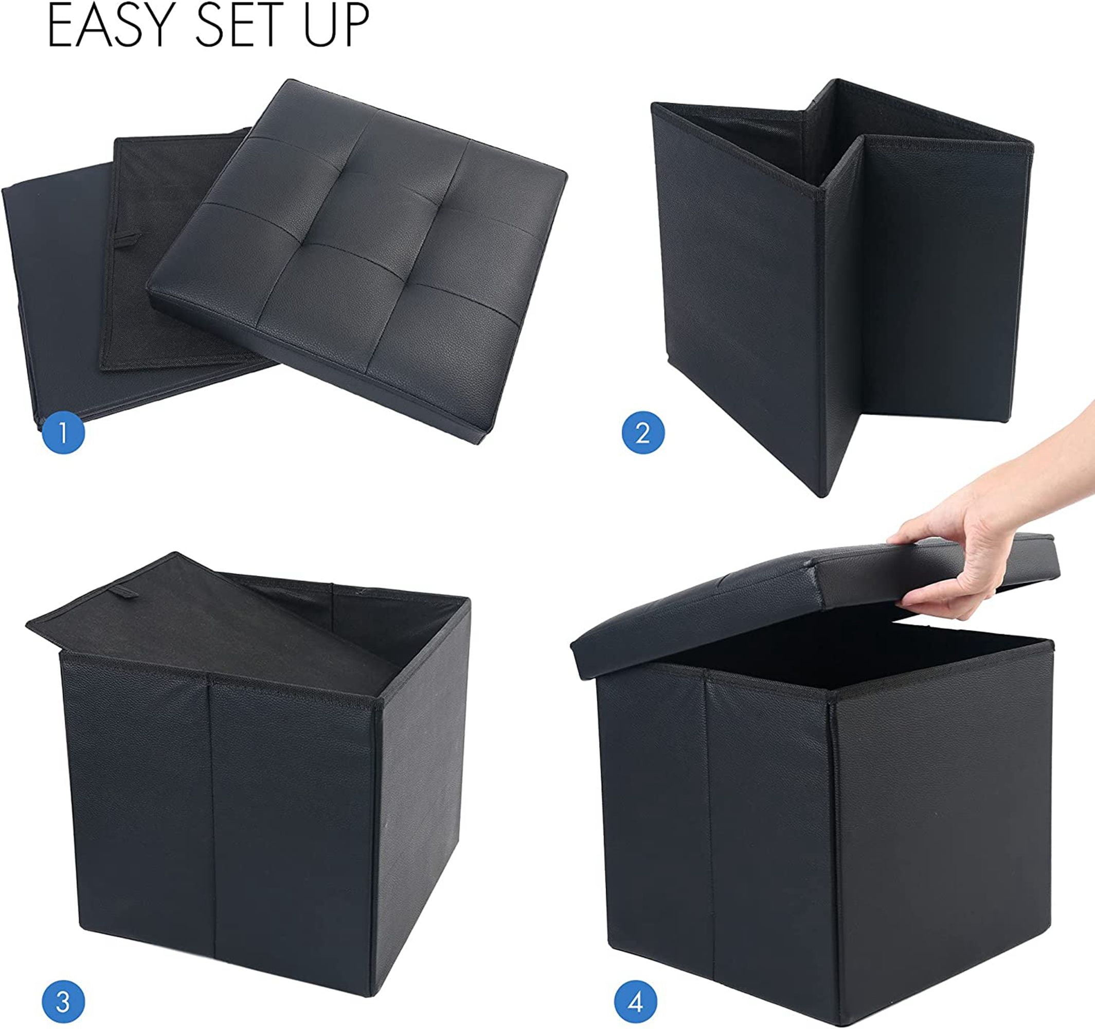 LotFancy 2 Pack 13" Faux Leather Storage Ottoman Cube, Square Foot Stool Ottoman with Storage, Black