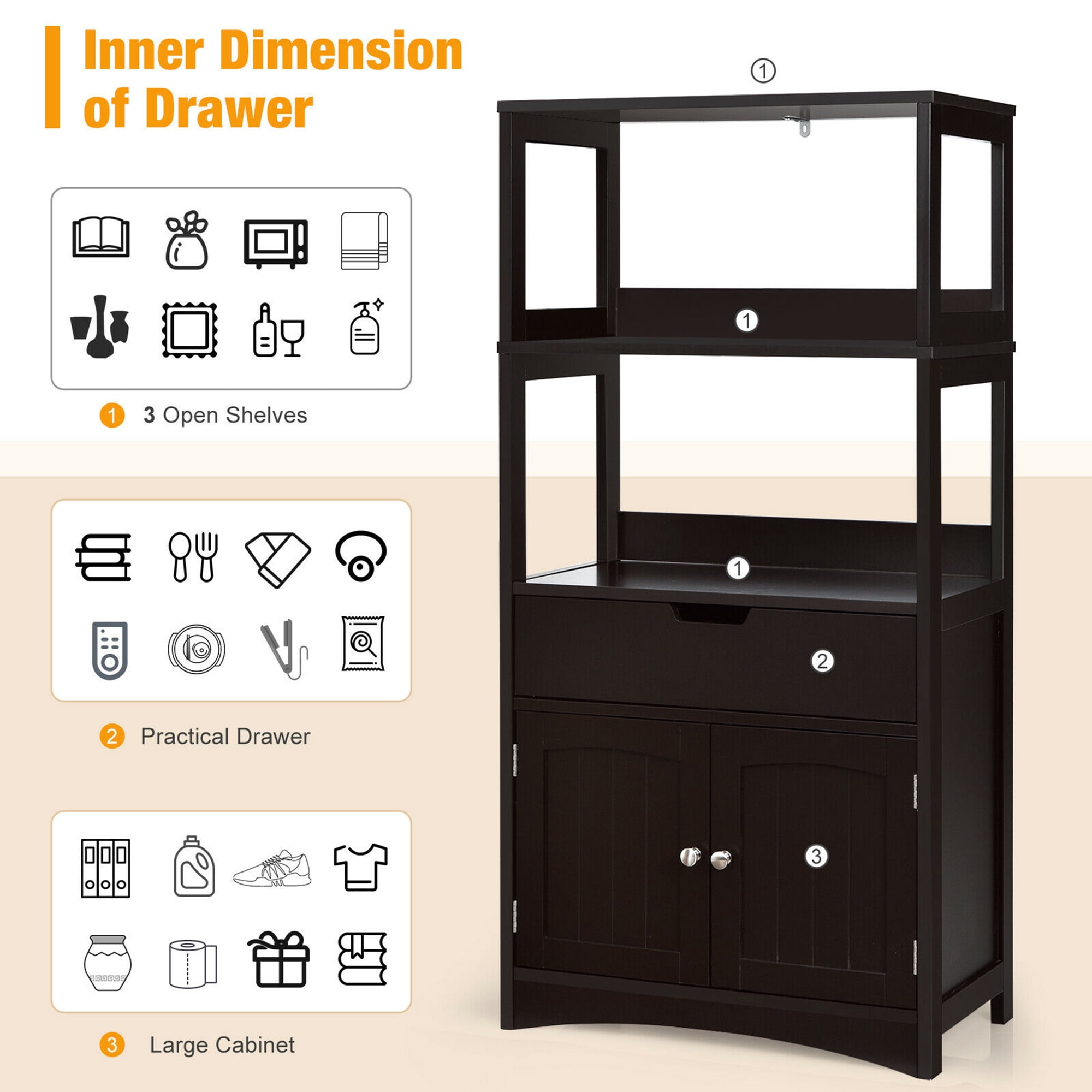 Gymax Bathroom Storage Cabinet Shelf Cupboard Floor Cabinet w/Drawer Espresso