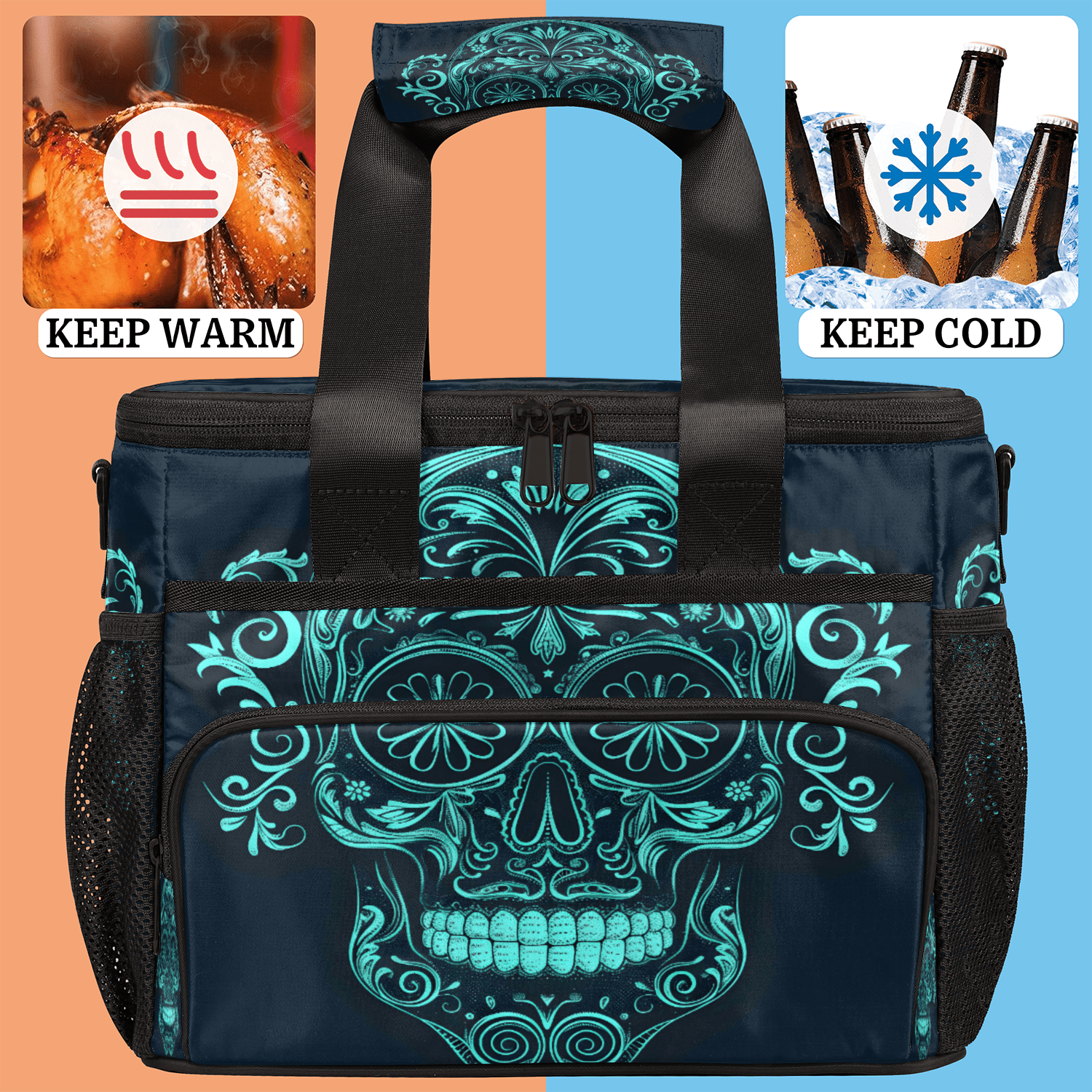 Herdesigns Sugar Skull Mexican Large Lunch Box for Adults Women Men with Adjustable Shoulder Strap, Insulated Reusable Lunch Bag Leakproof Cooler Tote Bag