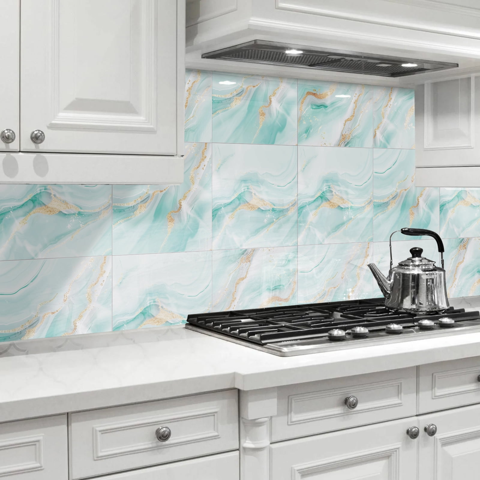 DEWOO 10pcs Peel and Stick Backsplash Wall Tile, Waterproof Peel and Stick Marble Wall Tiles, Self-Adhesive Panels for Bathroom, Kitchen, and Living Room (Blue Marble,12"×12")