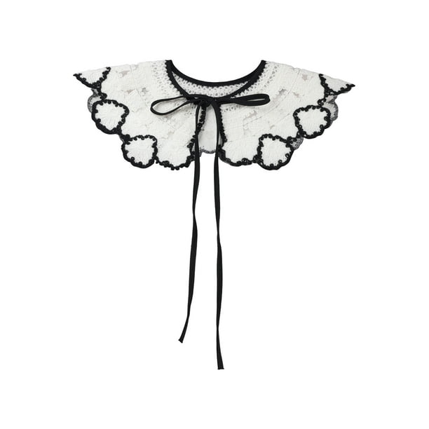 INSPIRE CHIC Cuello Falso Desmontable, Chalito de Punto con Bordado de Encaje, Cuello Peter Pan Falso para Blusa Blanco Negro-7