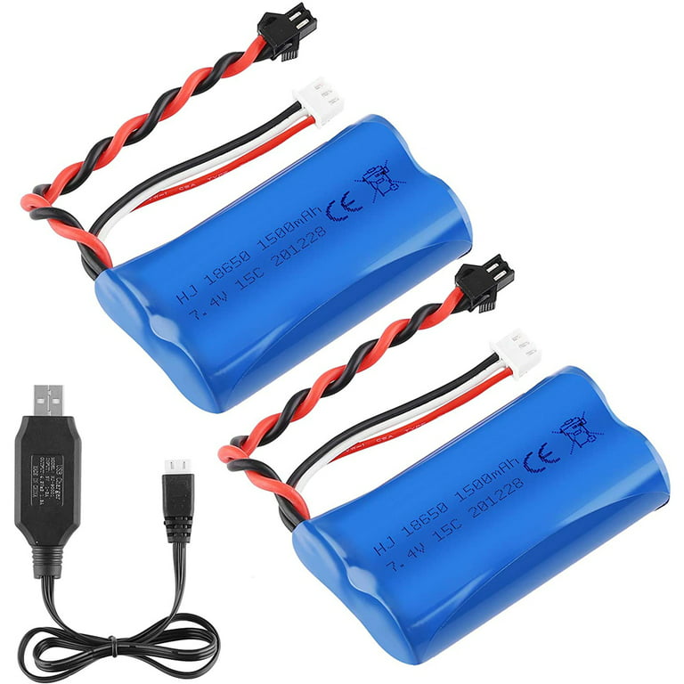 FancyWhoop 2Pcs 1500mAh 2S Li-Ion Battery 7.4V 15C SM Plug W/ USB Charger  for RC Car Boat Spare Parts Accessories, Blue 