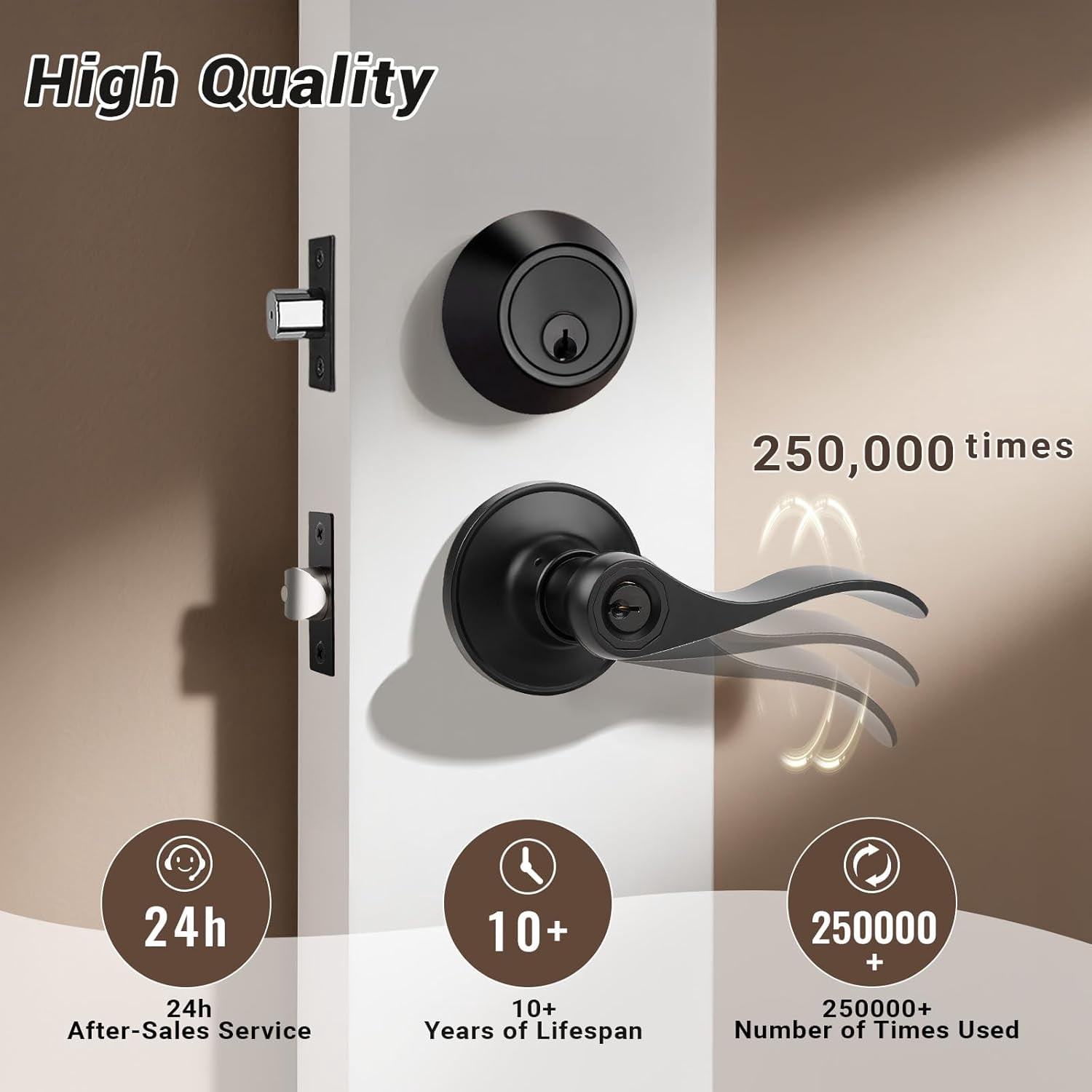 2 Sets of Front Exterior Door Knob Set with Single Cylinder Deadbolts in Matte Blac Finish, All Keyed Same Combo Pack, Wave Style Entry Door Lever Locks with Combinations