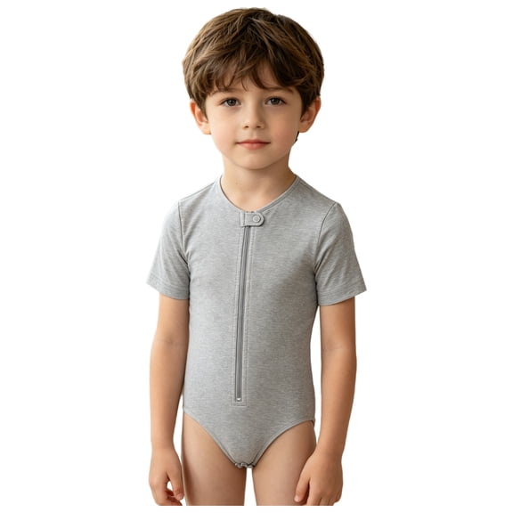 SiiRoh Kids Boys Short Sleeve Special Needs Adaptive Leotard Zipper Press Button Crotch Bodysuit Rompers Sleepwear Playwear Gray 12