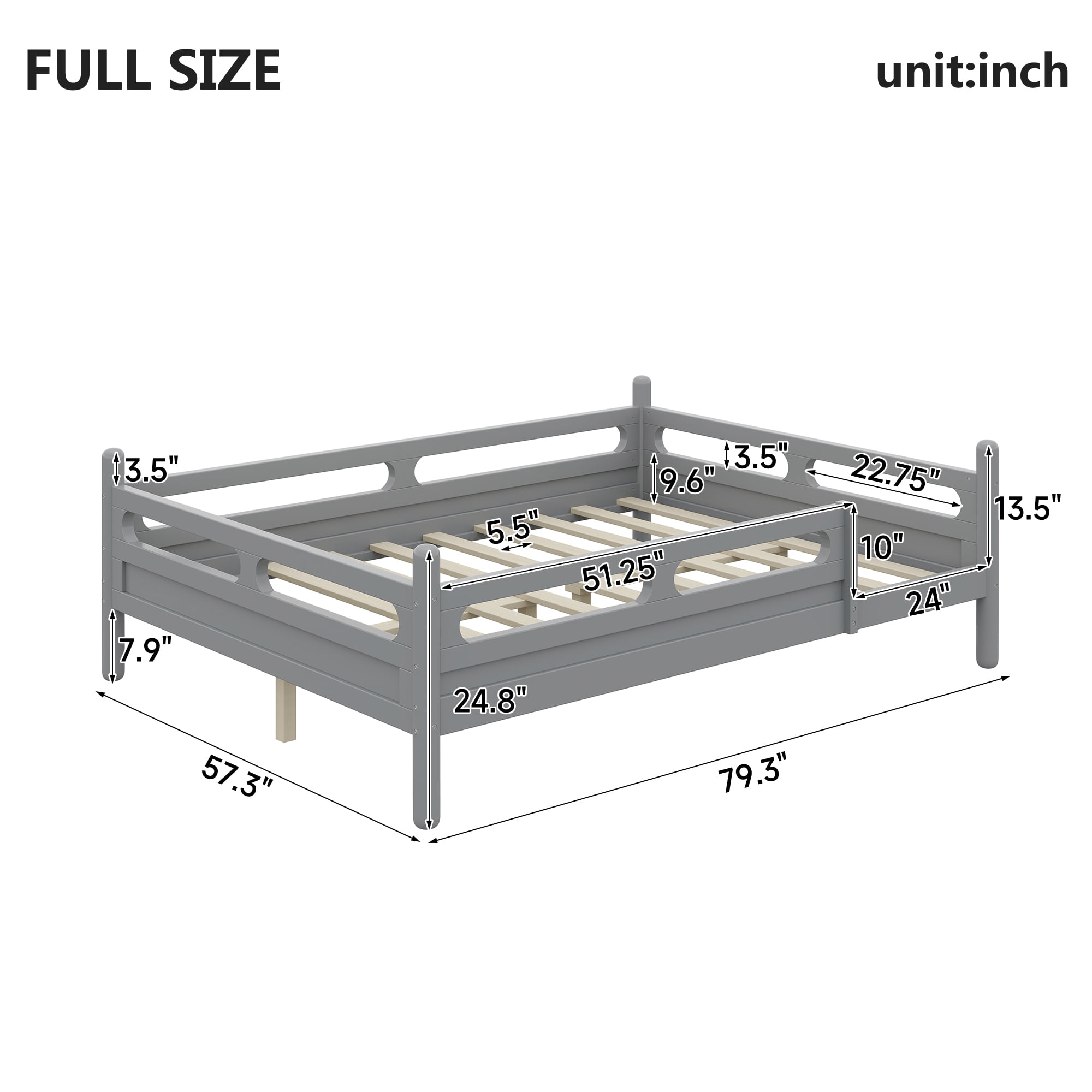 Euroco Wood Full Size Platform Bed, Low Profile Bed with Guardrails and Slats Support, Grey