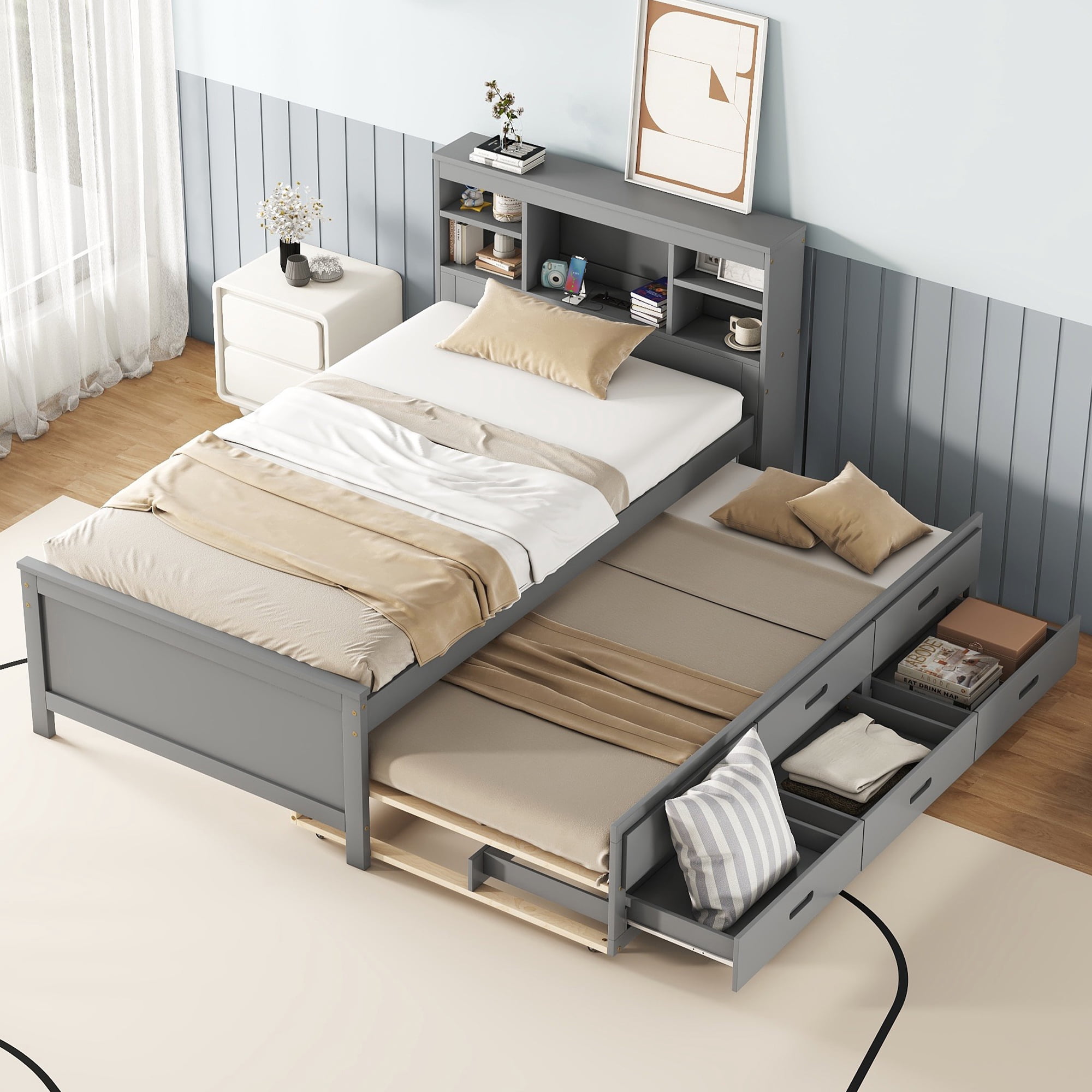 Euroco Wood Twin Size Platform Bed with Storage Trundle Bed and Drawers, USB Charging and Shleves, Gray