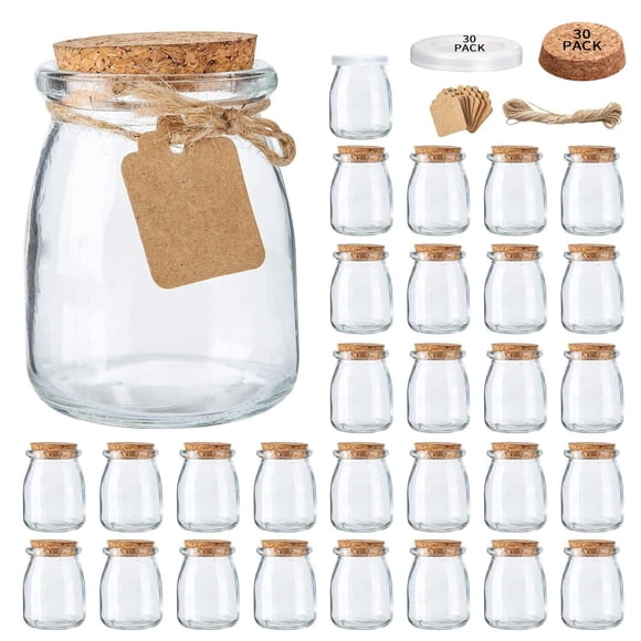 Mini tarros de yogur, paquete de 30 tarros de cristal de 7 oz con tapas de corcho, recipientes para pudín con tapas, tarro de masón, recuerdos de boda, tarro de miel con etiquetas y cuerda