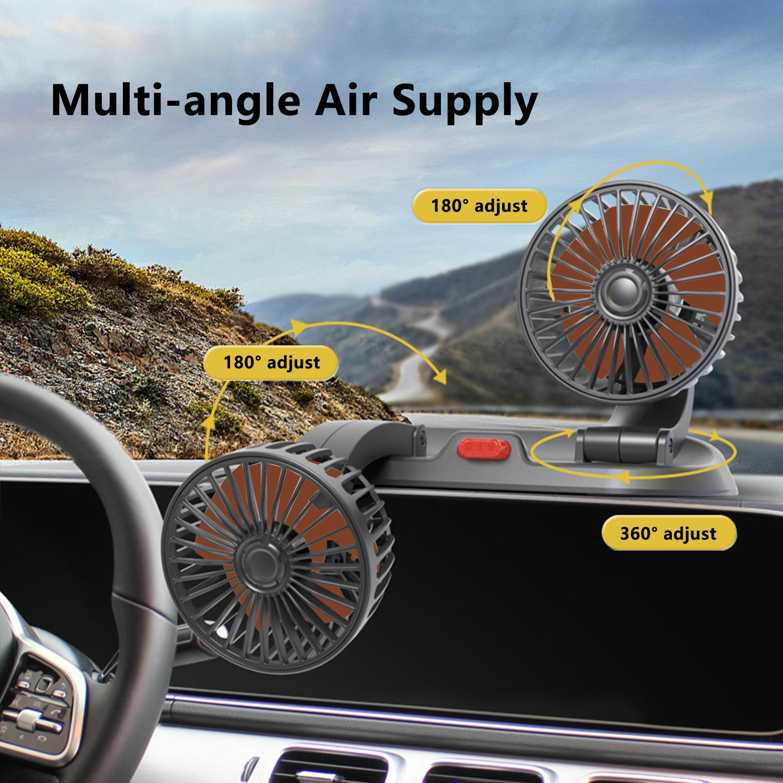 24V Dual Head Car Fan, 360° Rotatable Electric Auto Cooling Fan, Quiet Strong Wind Dashboard Circulator with 2 Speeds for Truck, SUV, Van, Large Vehicles, 8.66" Portable Car Fan