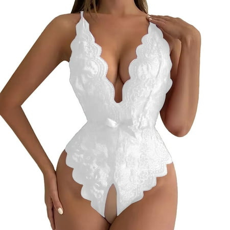 hoadeuw Crotchless Bodysuits for Women V Neck Spring Summer Lace Solid Color Bow Underneath Opening Sexy Slimming Lingerie Teddies Leotard