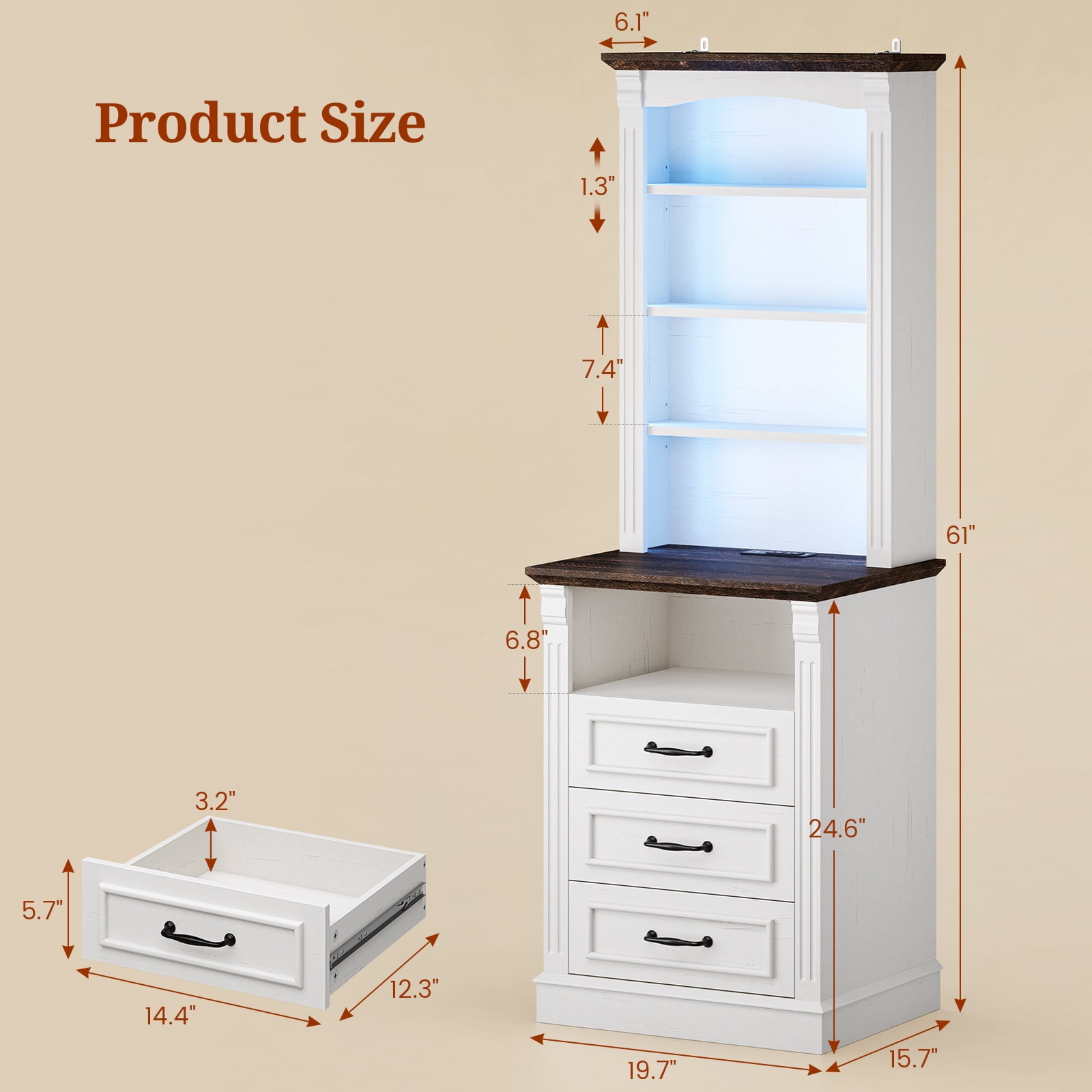 61" Tall Nightstand Set of 2 with Charging Station and LED Lights, End Table with 3 Adjustable Shelves and 3 Drawers, Roman Column Design, Modern White
