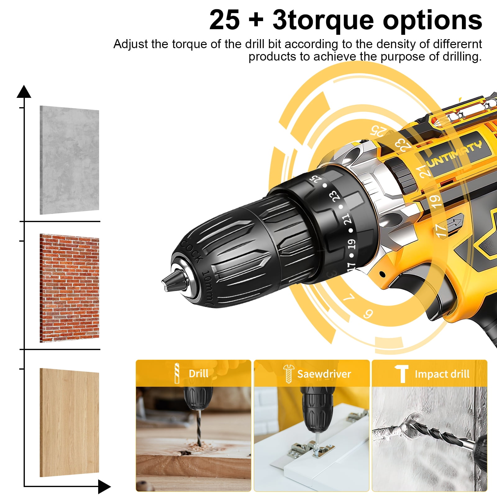 UNTIMATY 21V Cordless Power Drill Set, Power Drill Driver Kit with Lithium-ion Battery and Charger, 3/8-Inch Keyless Chuck, 2 Variable Speed, 25+3 Position and 33pcs Drill/Driver Bits