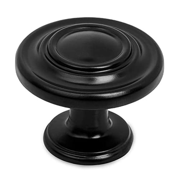 Ilyapa Flat Black Kitchen Cabinet Knobs - 1 1/4 Round Ringed Drawer Handles - 10 Pack of Kitchen Cabinet Hardware