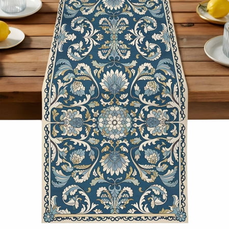 Bohemia Blue Pattern Table Runner Vintage Ethnic Style Cotton Linen Table Cloth Tablerunner for Kitchen Dining Party Wedding Home Decor 13x60 Inch
