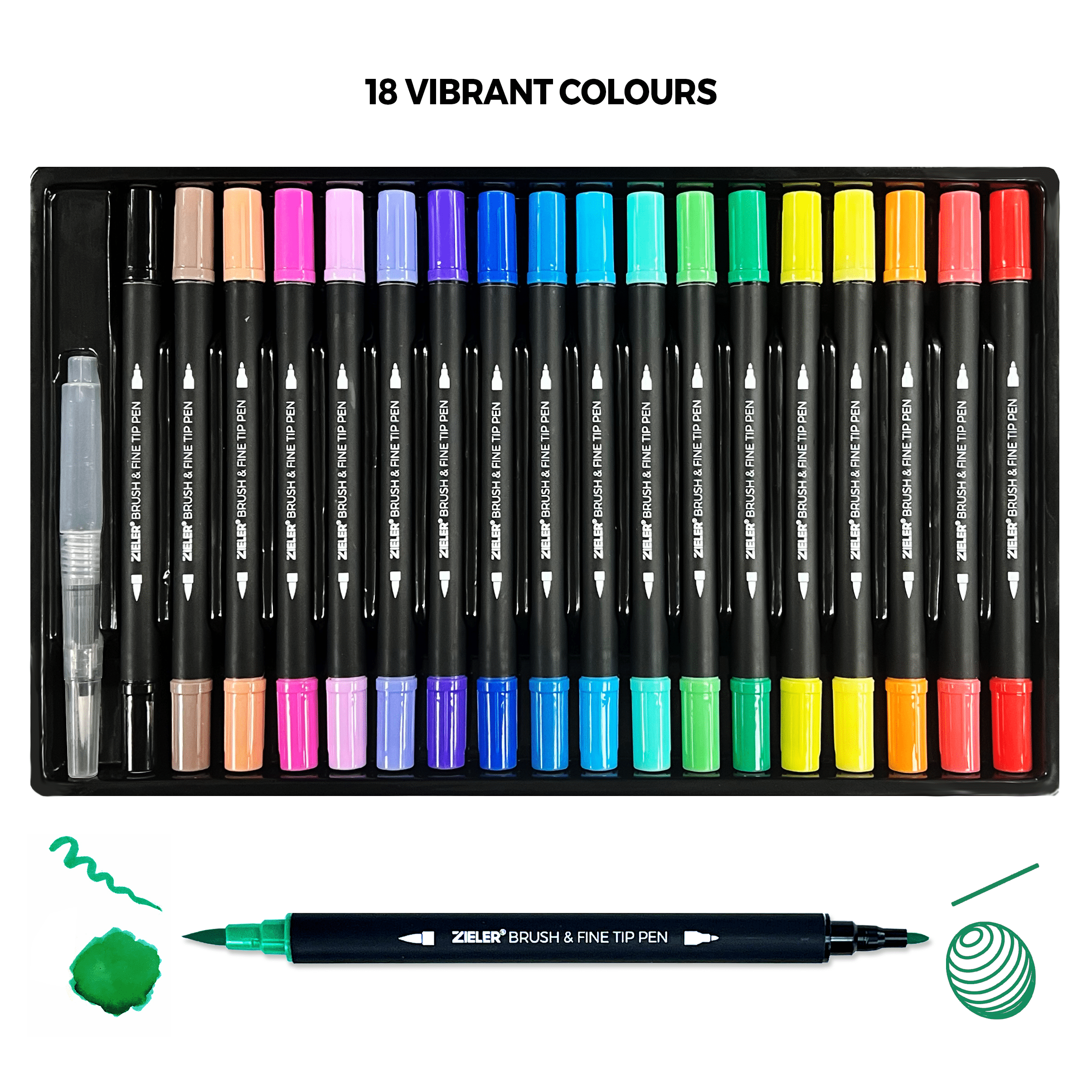 Zieler® 18 Brush & Fine Tip Pens with Water Brush
