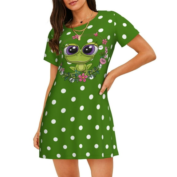 Cute Frog Pattern Women'S Nightgown Sleepwear Short Sleeves Nightshirt Loose Comfy Pajama Small