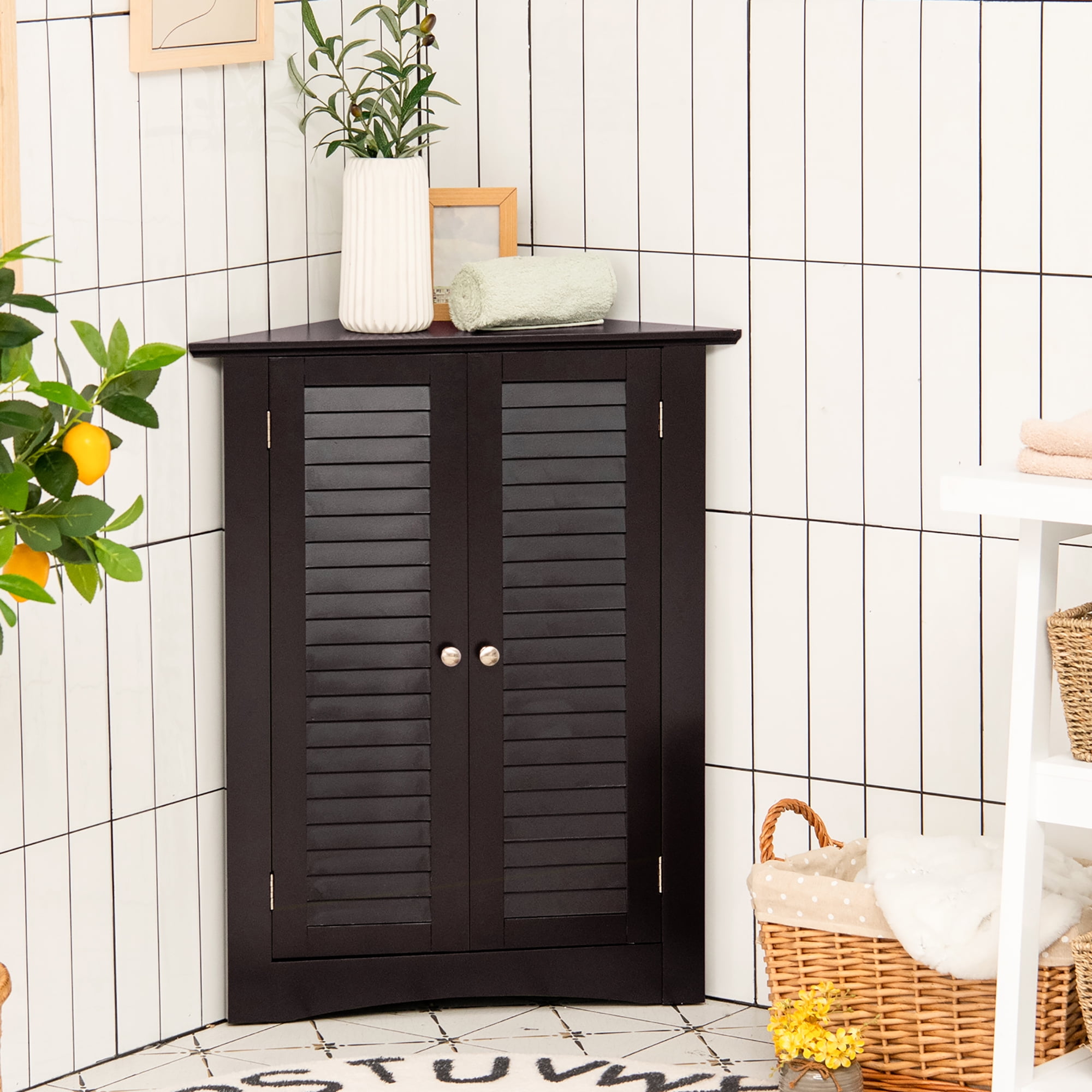 Corner Storage Cabinet Freestanding Floor Cabinet Bathroom w/ Shutter Door Brown