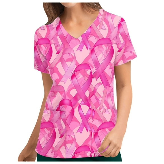 Xfvqtps Scrub Tops for Women Pink Ribbon Breast Cancer Awareness Scrubs Comfortable Lightweight Nursing Uniforms V-neck Short Sleeve Nurse Top Working Uniforms with Pockets Pink