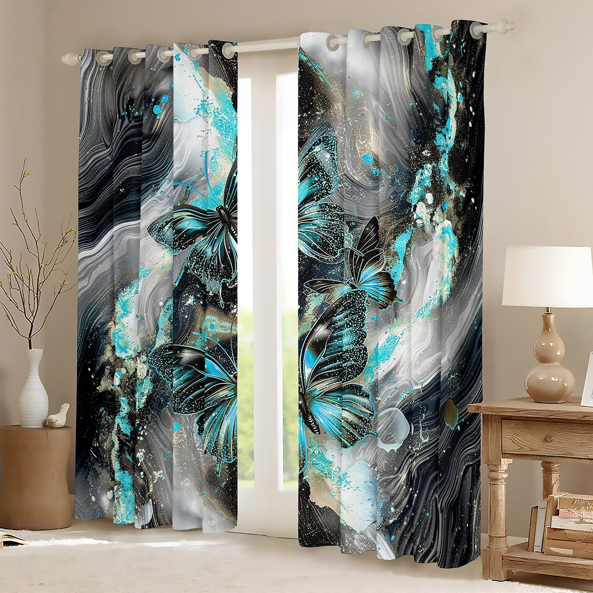 Black Marble 30%-50% Blackout Curtains Blue Butterfly Curtains,Cyan Marbling Curtains & Drapes 2 Panels 42"Wx63"L