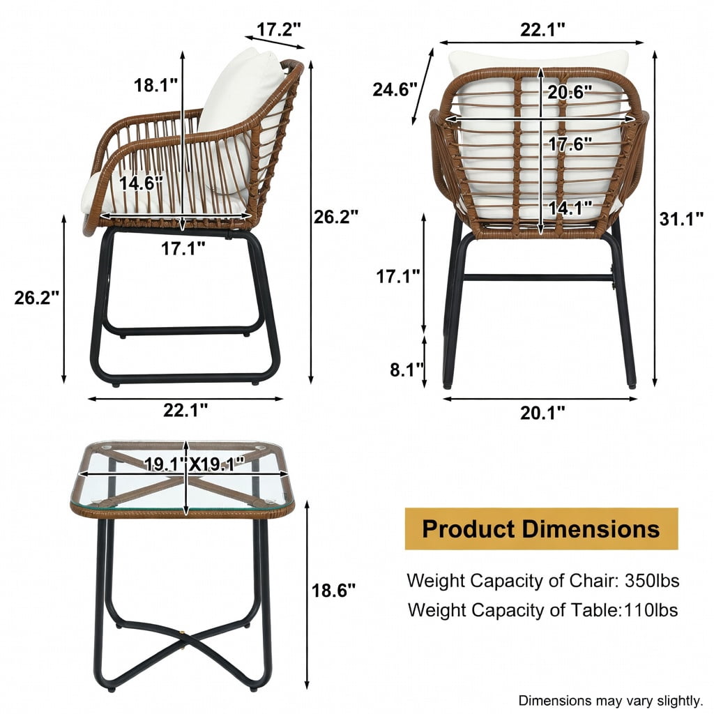 Hommoo 3-Piece Outdoor Rattan Bistro Set with Cushions, Weather-Resistant PE Wicker Armchairs + Tempered Glass Table for Patio, Balcony, Poolside, White