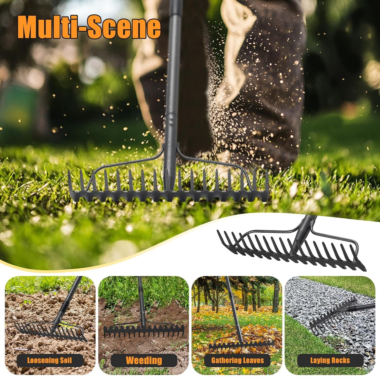 Garden Rake, 63 inch Long Handle with 17 Tongs, Heavy Duty Metal Rake for Loosening Leveling Soil, Grass, Wedding
