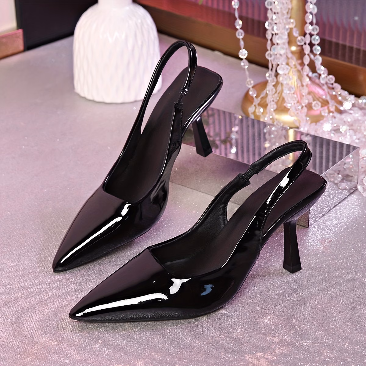 Black, variant on Women's Minimalist Pointed-Toe High-Heel Sandals, Patent Leather Thin Heel Peep-Toe Shoes, Elegant Footwear for Work and Dates, Leg-Lengthening Design, Available in Black, White and Red