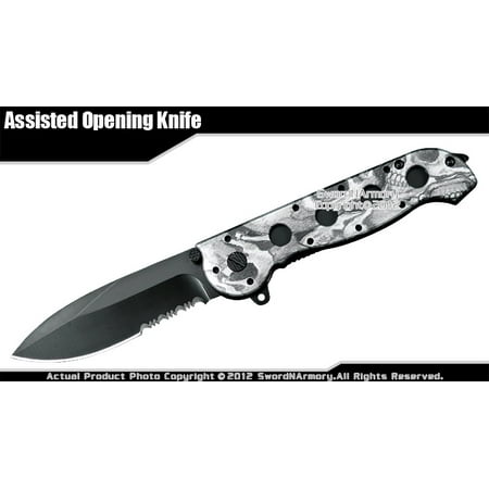 Combo Drop Point Blade - Black Skull Drop Point Spring Assisted Open Folding Pocket Knife Serrated Blade