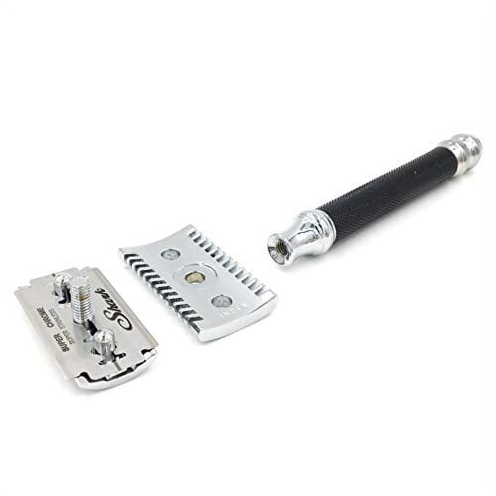 Parker 26C - Black Handle Three Piece OPEN COMB Double Edge Safety Razor & 5 Parker Premium Blades