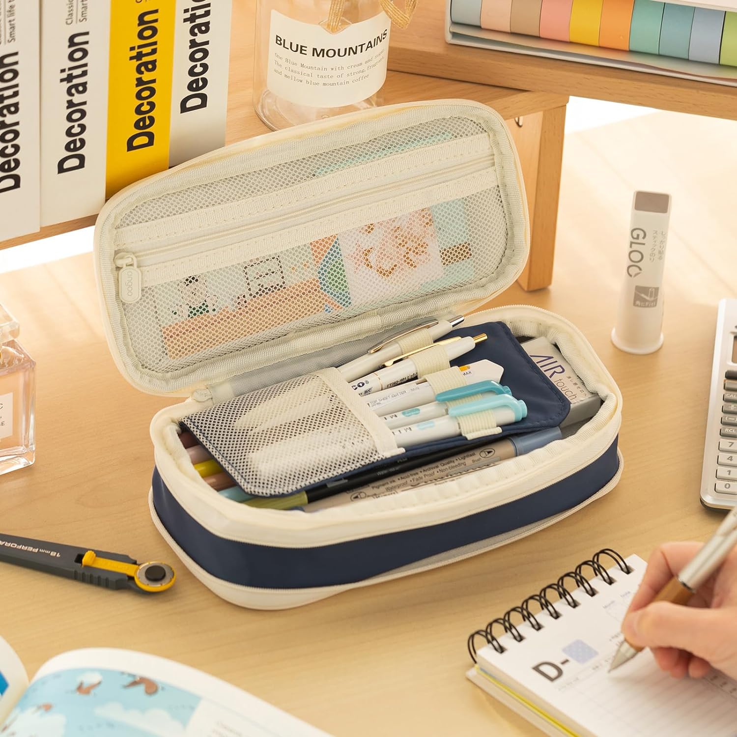 RNKR Large Capacity Pencil Case, Navy Blue, Dual Compartment photo 2