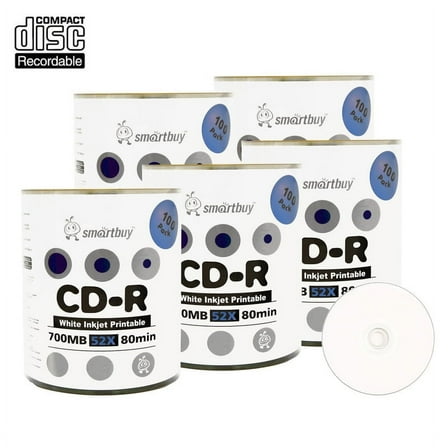500 Pack Smartbuy 52X CD-R 700MB 80Min White Inkjet Hub Printable Data Blank Media Recordable Disc