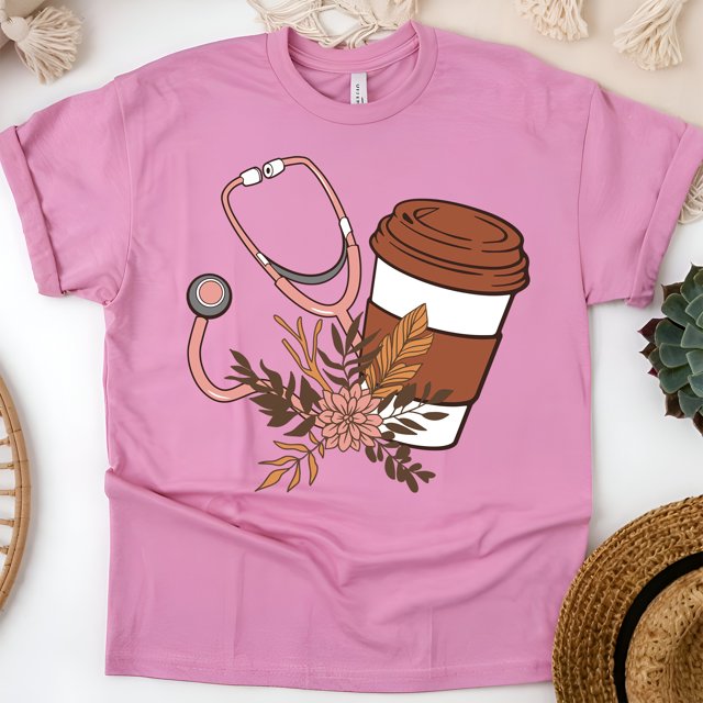 Nurse Graphic T-Shirt with Coffee Cup and Stethoscope Design, Azalea, Size XL