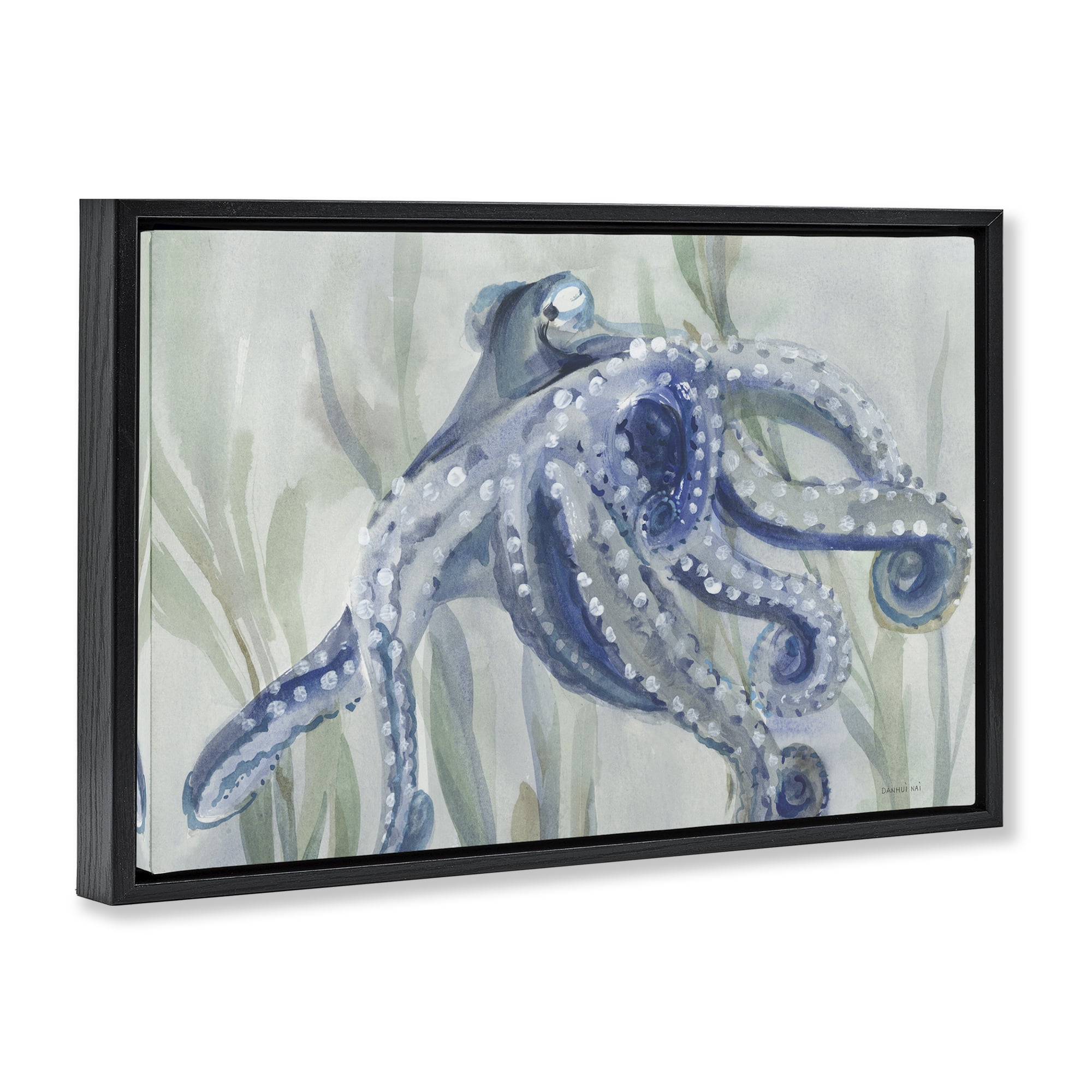 Stupell Industries Deep Dweller Octopus Animals & Insects Painting Black Floater Framed Canvas Art Print Wall Art, 25 x 17