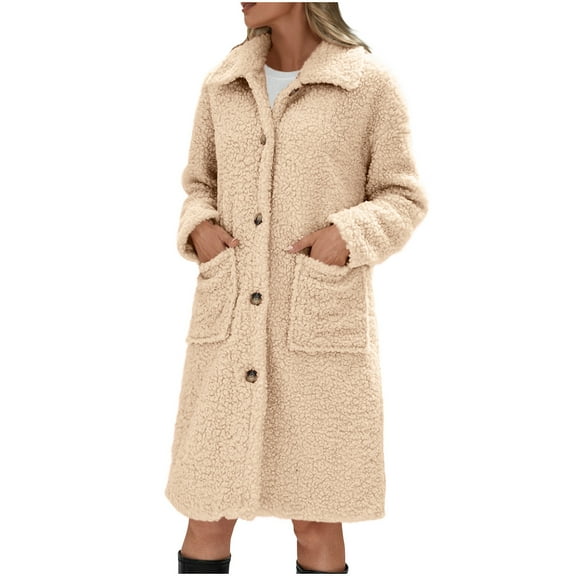 QQAMB Women's Sherpa Warm Jackets, Long Sleeve Lapel Loose Fuzzy Coat Winter Fashion Button Down Casual Long Teddy Coats Beige L