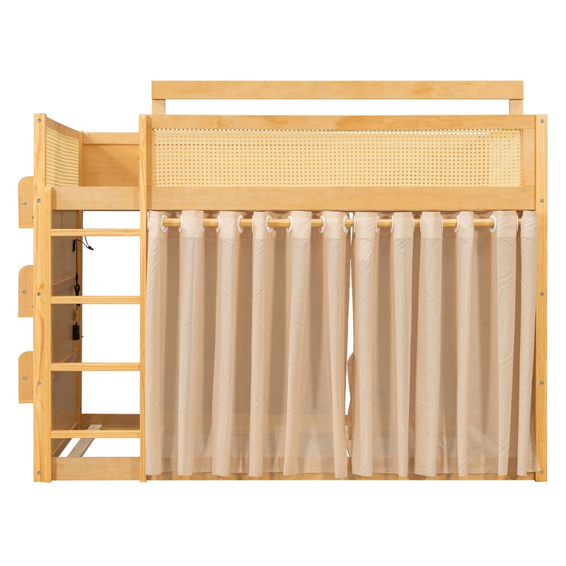 Full Size Bunk Bed with 3-Tier Storage Shelf, Rattan-Style Decor, Privacy Curtains and LED Light Strip, Modern Wood Full Over Full Bunk Bed Frame for Kids Teens