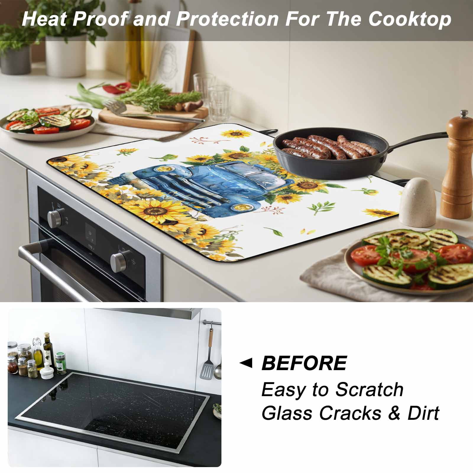 Sunflower Stove Top Cover for Electric Stove, Heat-proof & Non Slip Glass Top Stove Cover Protector, Watercolor Summer Floral Botanical Truck Kitchen Flat Cooktop Rubber Mat 24x21 Inches