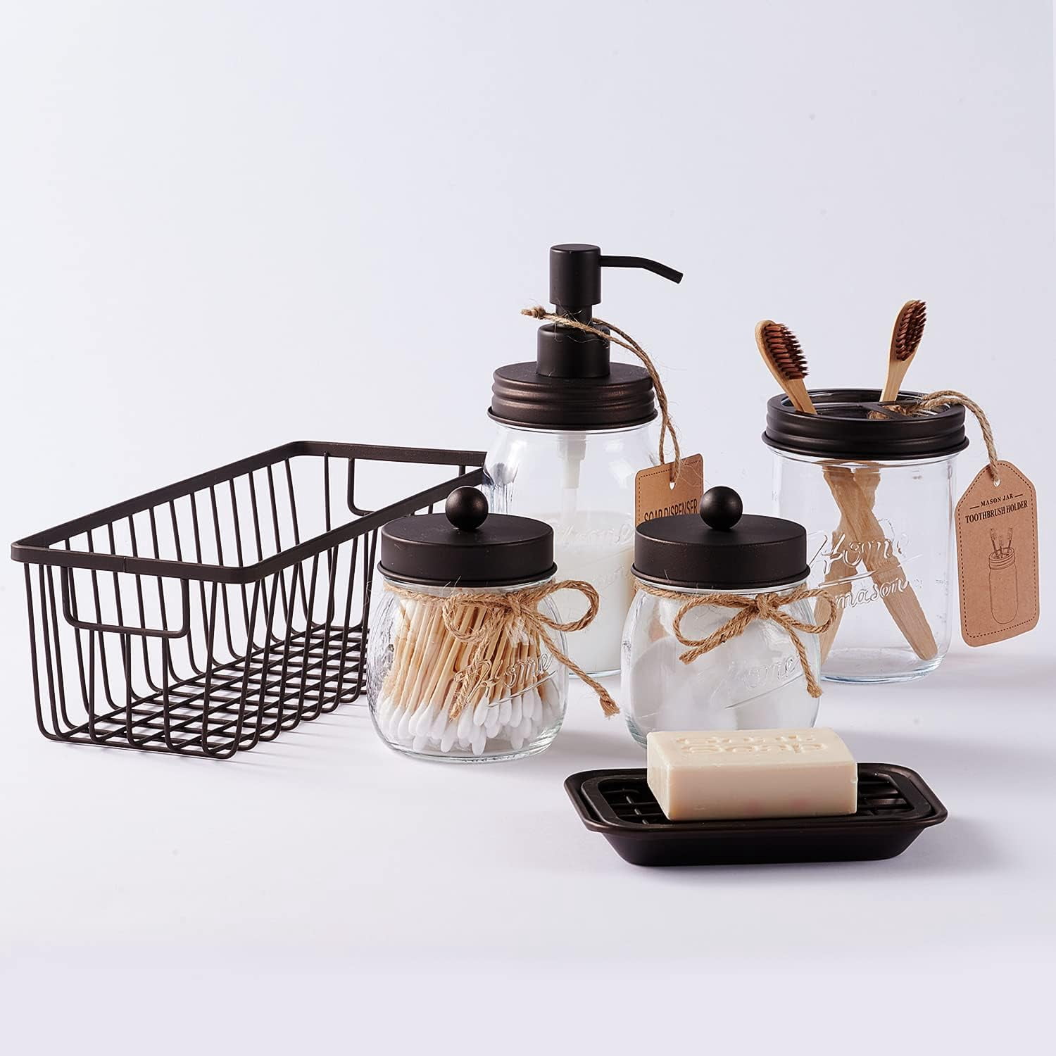 Mason Jar Bathroom Accessories Set - Toothbrush Holder, Lotion Soap Dispenser, Mason Jar, Soap Dish, Toilet Paper Basket, Rustic Farmhouse Decor (Bathroom Set)