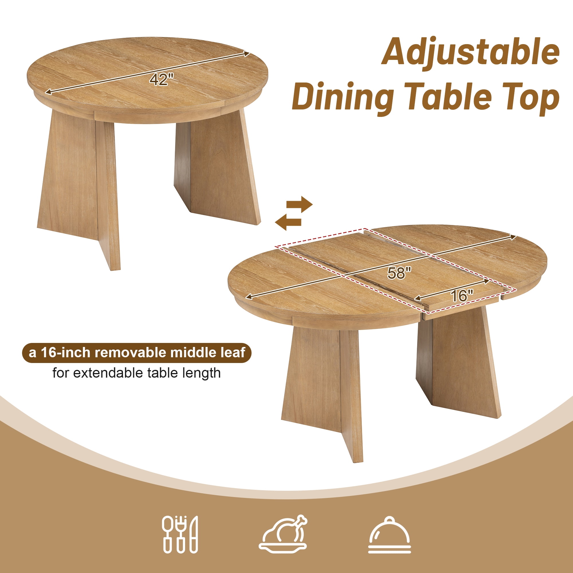 Harper & Bright Designs Round Extendable Dining Table Set for 4, Retro Kitchen Dining Table and 4 Upholstered Chairs with Rattan Backrests for Dining Room, Natural Wood Wash